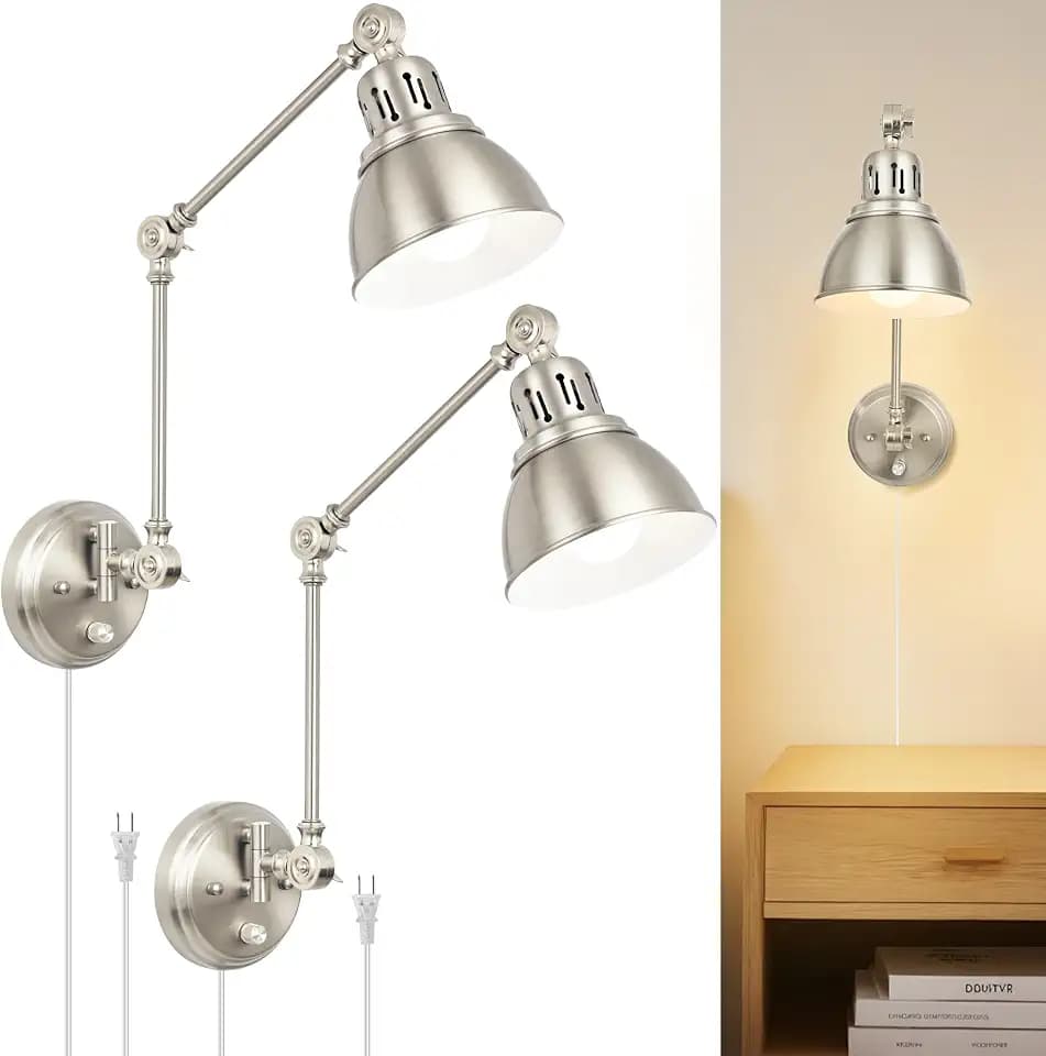 2 Pack Plug in Wall Sconces, Dimmable On Off Switch, Swing Arm Wall Lamps, Wall Sconces Set of Two, Brushed Nickel Metal Industrial, Plug-in or Hardwired (Brushed Nickel, without Bulbs+Remote)