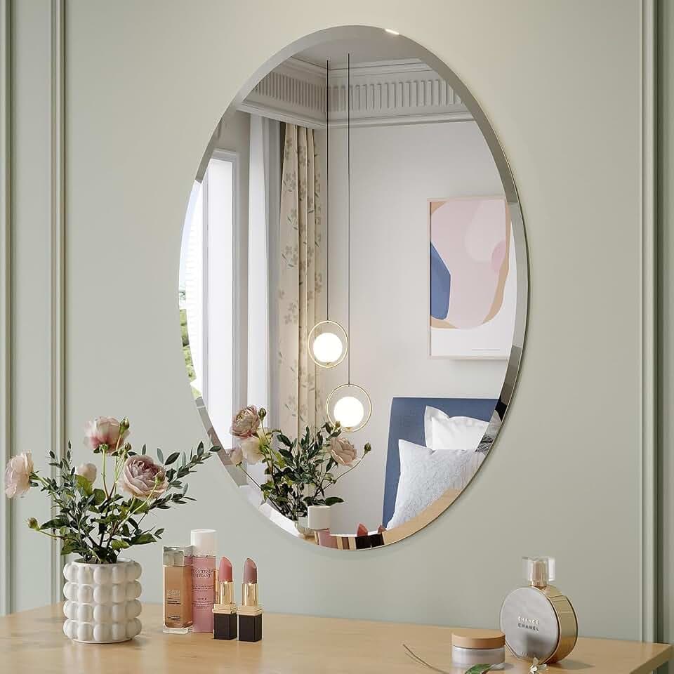Frameless Oval Mirror, 22x30 Inch Beveled Bathroom Mirrors for Over Sink, Tempered Glass Oval Mirrors for Vanity, Living Room, Bedroom, Entryway