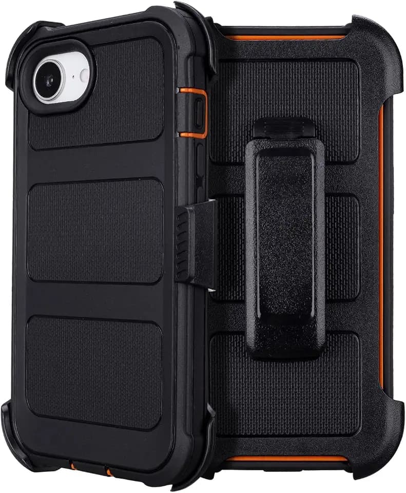for Defender Case iPhone 16e Case with Belt Clip Holster Black & Orange