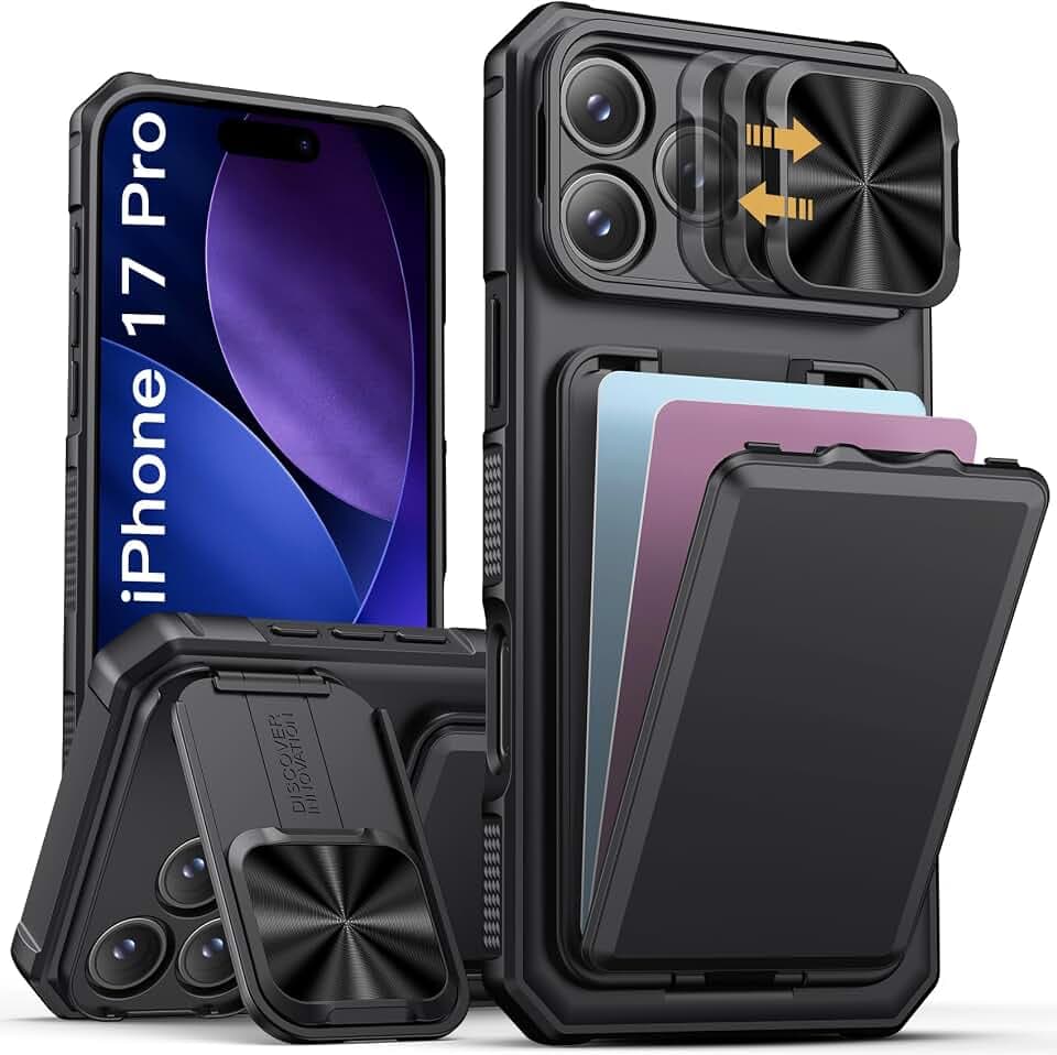 SSLOTSCASE for iPhone 17 Pro Case with Card Holder & Kickstand, Black