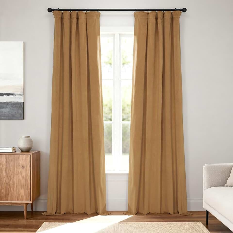 HPD Half Price Drapes Signature Velvet Thermal Blackout Curtains for Living Room 96 Inch Long (1 Panel) Rod Pocket Insulated Blackout Curtains for Bedroom Window Curtains, 50W x 96L, Amber Gold