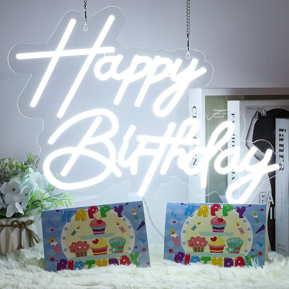 Reusable Happy Birthday Neon Sign for Wall Decor, USB Powered LED Neon Sign with Dimmable Brightness, Ideal for All Ages Birthday Parties and Celebrations 17×12 Inch, With 2 Pcs Birthday Cards
