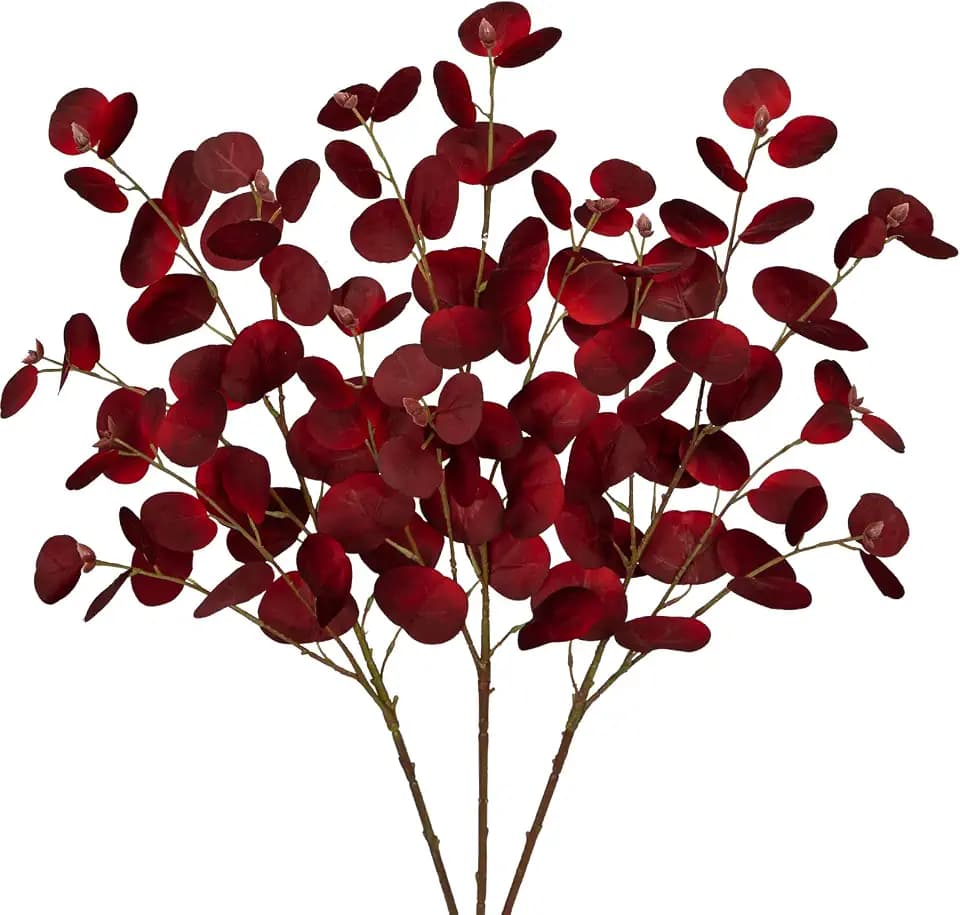 3er Set Künstliche Eukalyptus Zweige 81CM Kunsteukalyptus Lange Dekozweige Kunstpflanze Wie Echt für Blumengesteck Home Herbst Dekoration, Dunkelrote Blätter