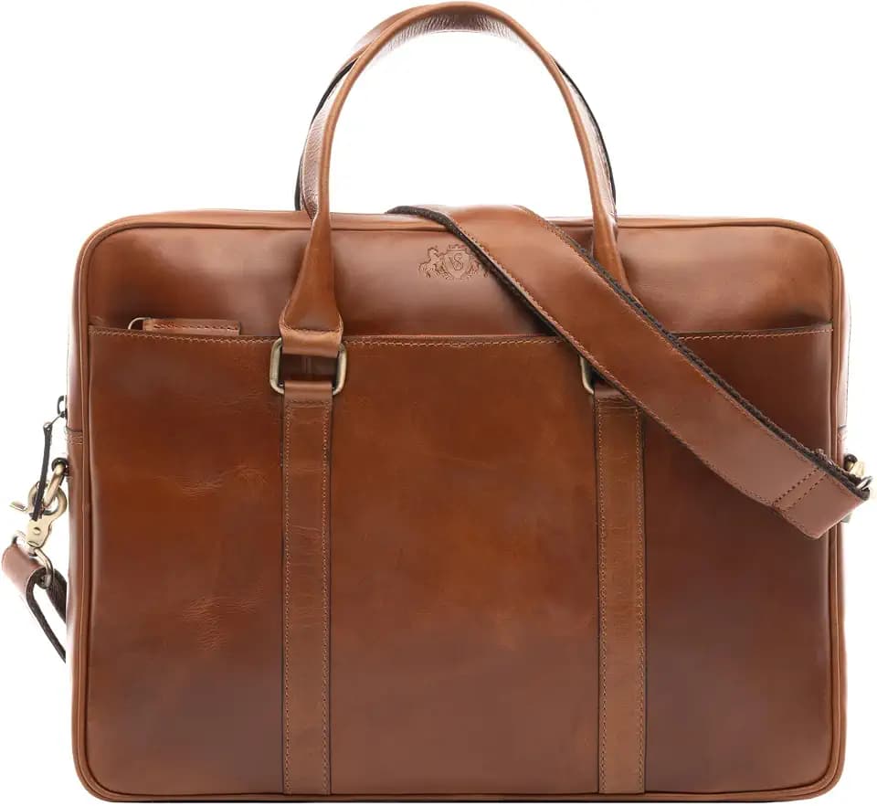 SID & VAIN große Laptoptasche schmal echt Leder - 15 Zoll Laptop Business-Tasche Brady groß - Umhängetasche Aktentasche mit Laptop-Fach - Ledertasche Herren und Damen braun handgefertigt