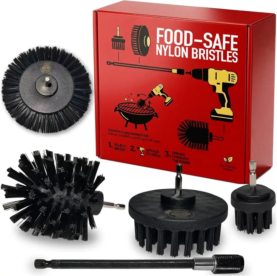 Power Grill Brush - Grill Brush 5 Piece BBQ Cleaning Kit - Nylon Safe Bristle, Wire Free, Safe for All Grates Stainless Steel, Porcelain, Charcoal Smoker Grill Cleaner Scraper, Accessories Outdoor