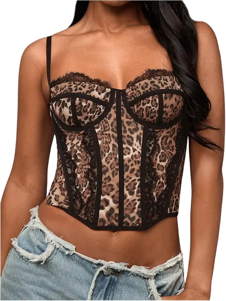 Verdusa Women's Y2K Cheetah Print Top Lace Crop Cami Corset Tops