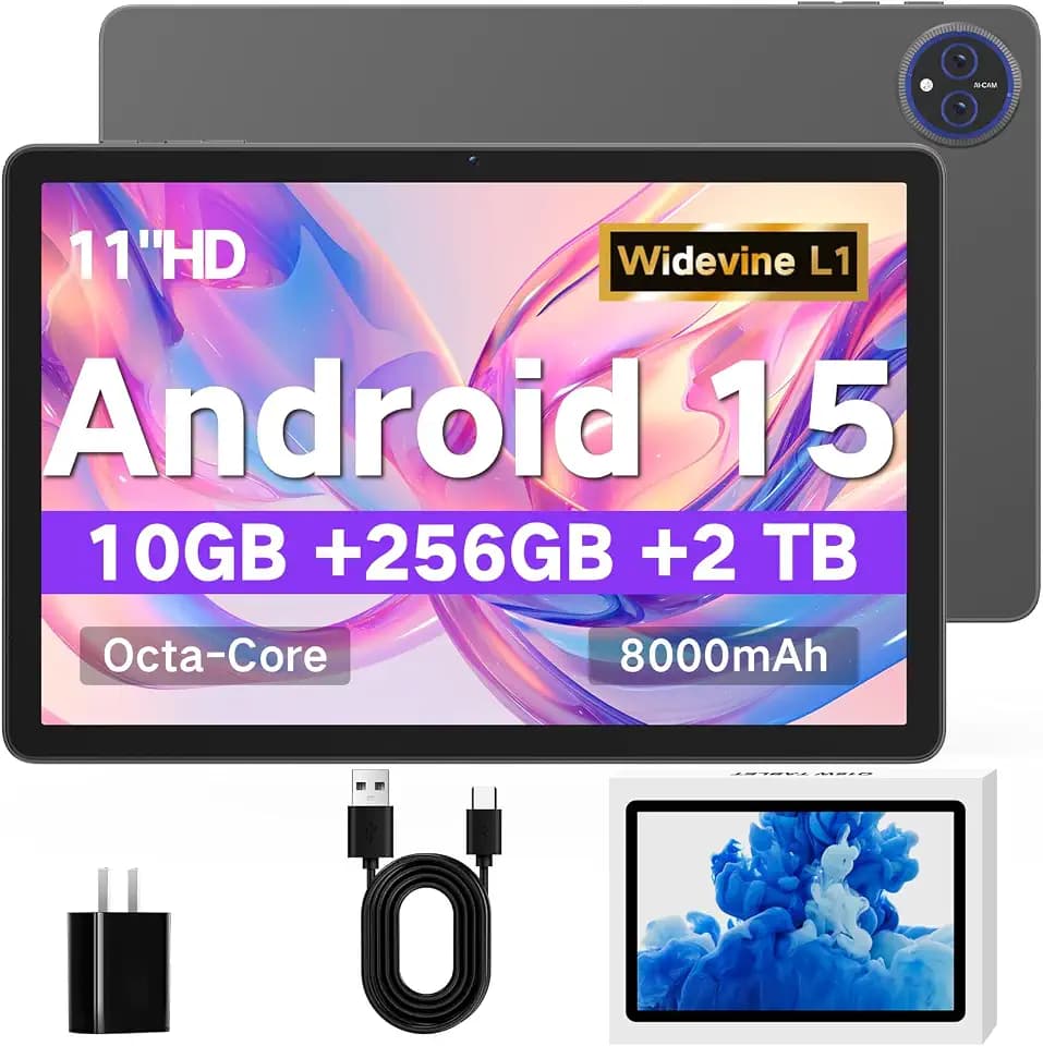 JUNYANG Tablets, 11 inch Android 15 Tablet, 10GB RAM+256GB ROM (2TB Expand)