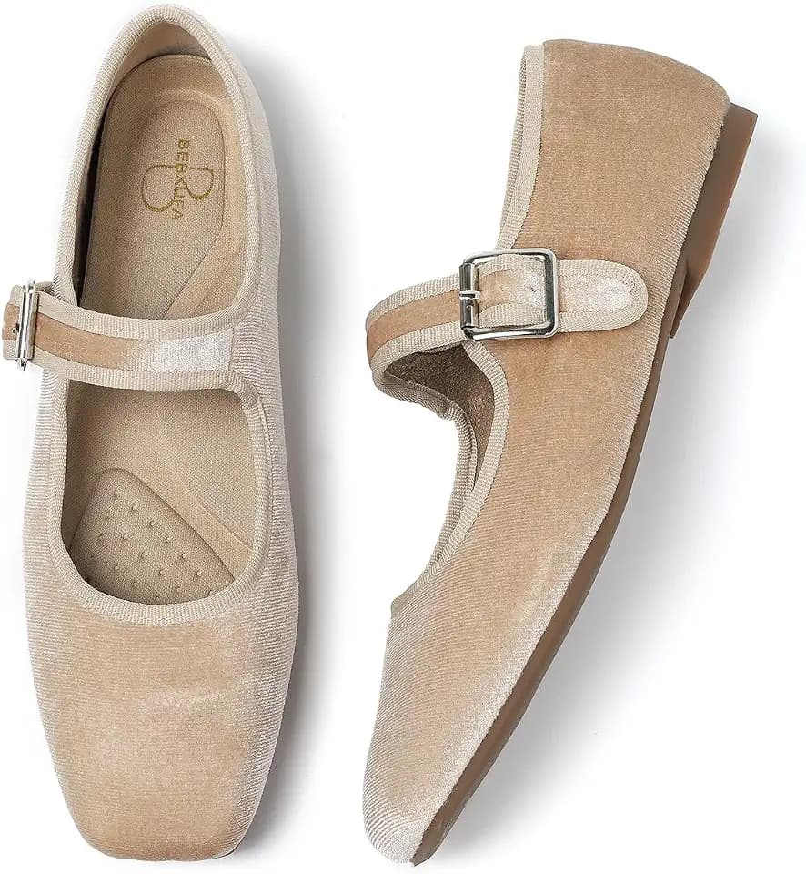 Women's Square Toe Ballet Flats - Mary Jane Shoes with Adjustable Strap, Slip On Comfortable Work Flats, Satin Soft Leather Dress Shoes