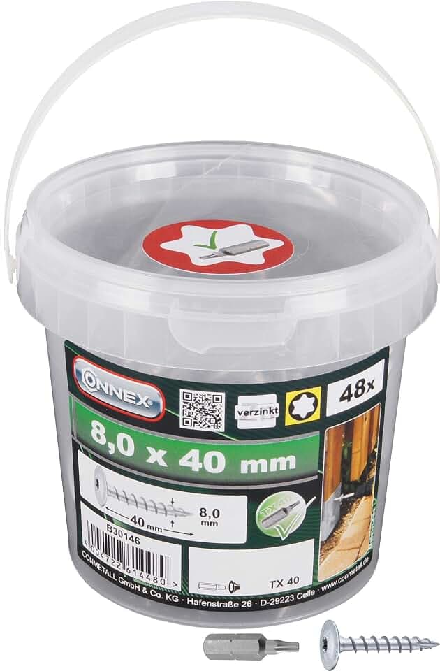 Connex Pfostenschrauben 8,0 x 40 mm - 48 Stück - TX-Antrieb - Vollgewinde - Zur Befestigung von Beschlägen & Verbindern - Inkl. Bit / Pfostenverbinder-Schraube / Schrauben-Eimer / B30146