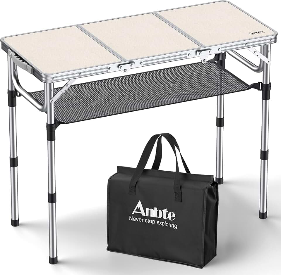 Anbte Campingtisch 88x40cm mit 3 Höhenverstellbar 26/48/70cm, 3-Fach | Tragbar Picknicktisch mit Aluminium Rahmen & MDF Tischplatte Weiß, Kleine Klapptisch für Camping Strand Balkon Angeln