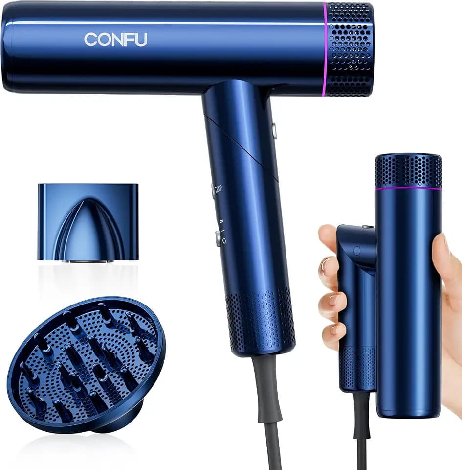 CONFU Ionen Föhn Klappbar Fön Reisefön Professioneller Salon Haartrockner 1700W Leicht und Leise Magnetischer Diffusor und StylingDüse, für Hause Salon und Reisen