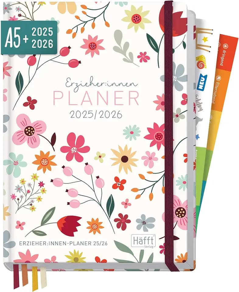 Häfft® Erzieher-Planer 2025/2026 A5 + "Wild Flower" Hardcover Kita-Planer mit 1 Woche auf 2 Seiten für Organisation, Motivation und Inspiration, Erzieher-Kalender - nachhaltig & klimafreundlich