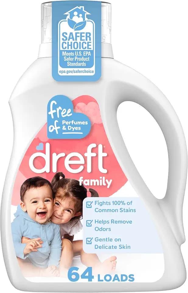 Dreft Family Liquid Laundry Detergent, Unscented Gentle on Sensitive Skin Laundry Soap, 84 fl oz, 64 Loads (Packaging May Vary)