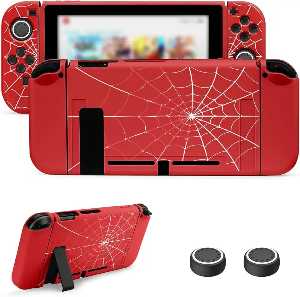 JINGDU Protective Case Compatible with Nintendo Switch 2017, TPU Case Accessory for Switch Console and Grip Joy-Con, Switch Protector with 4 Thumb Grips, Red Spider Web