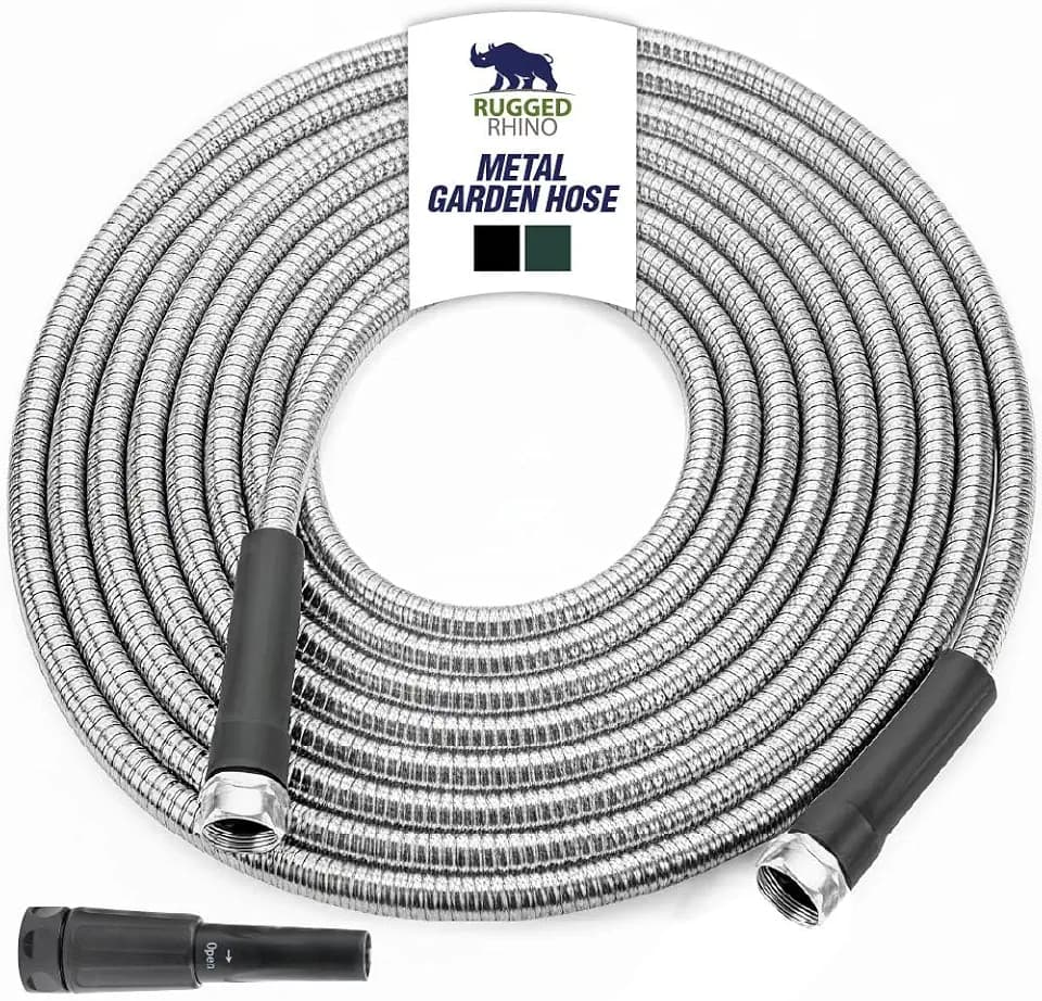 RUGGED RHINO Metal Garden Hose with Spray Nozzle, 304 Stainless Steel, 750 PSI Burst Strength, Heavy Duty Flexible Water Hose, Kink Resistant, Leakproof for Yard, Lawn and Outdoor Use, Silver 25FT