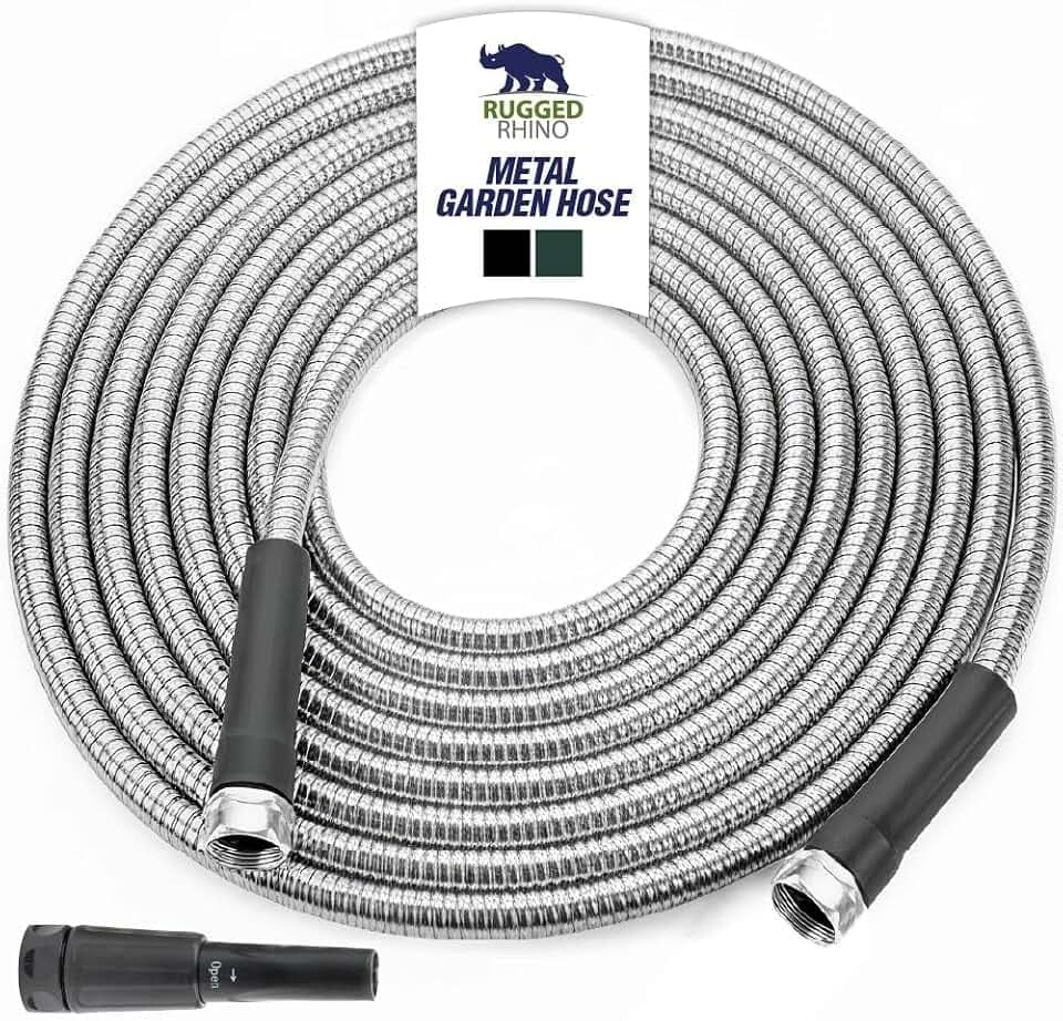 RUGGED RHINO Metal Garden Hose with Spray Nozzle, 100FT, 304 Stainless Steel, 750 PSI Burst Strength, Heavy Duty Flexible Water Hose, Kink Resistant, Leakproof for Yard, Lawn and Outdoor Use, Silver