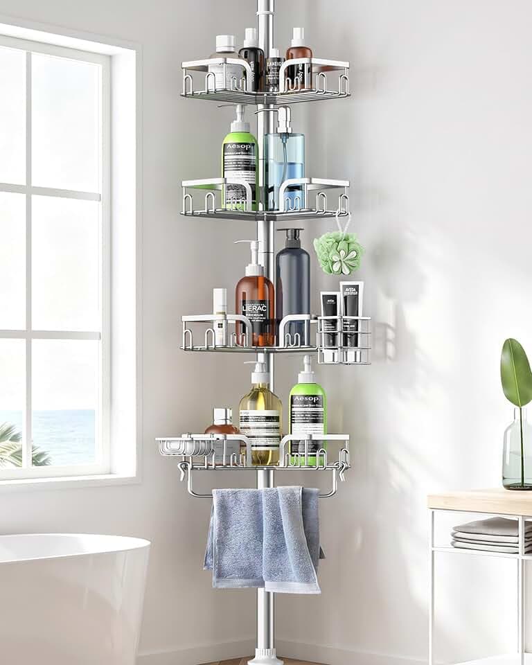 Corner Shower Caddy Tension Pole 4 Tier Adjustable Stainless Steel Shower Shelf for Inside Shower Bathtub Shampoo,Standing Bathroom Organizer Shelves with 26 to 120 inch Height