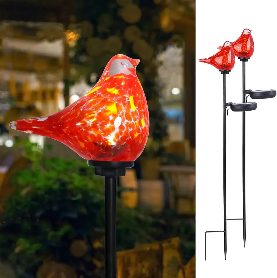 Solar Garden Stake, Hand-Blown Glass Cardinal Light Outdoor Garden Decor