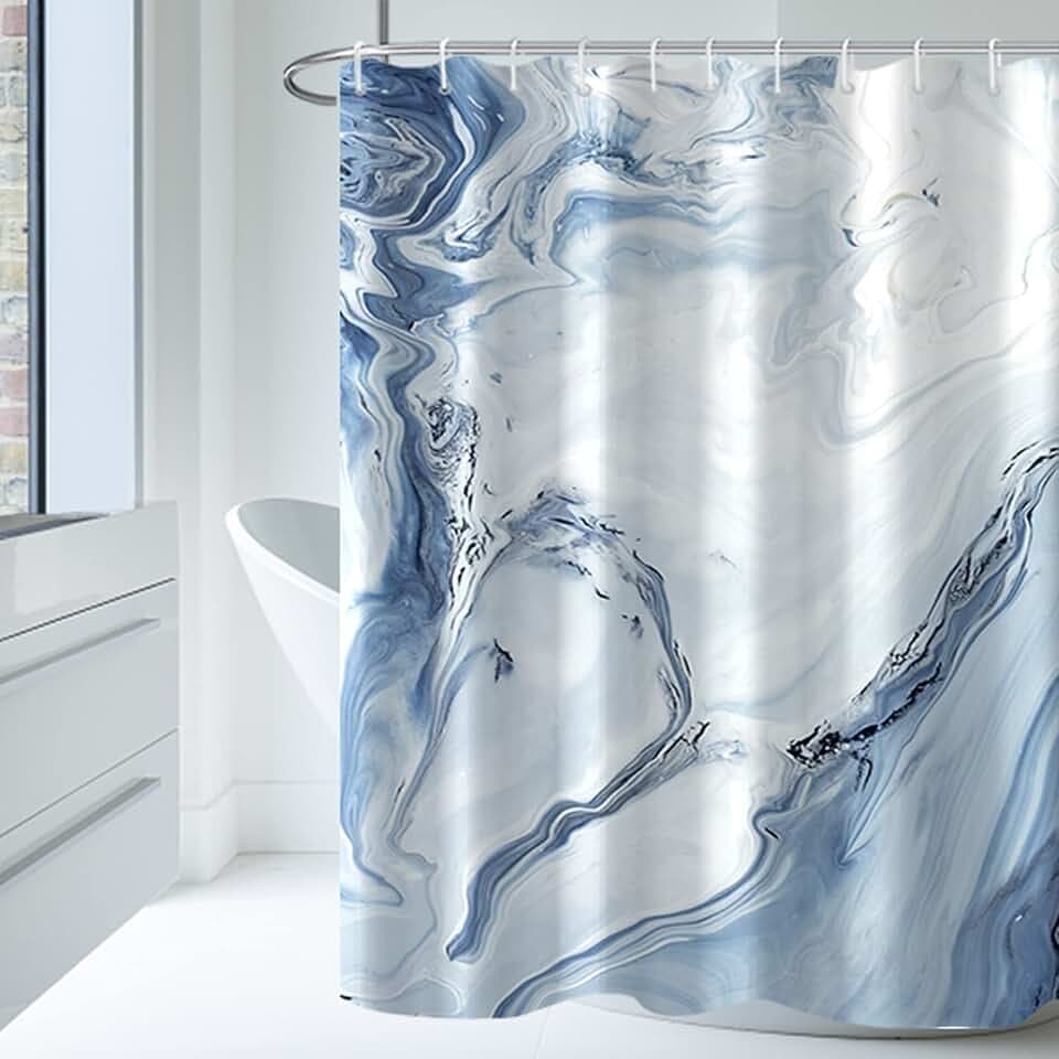 Duschvorhang mit 12 Haken, Stoff, hellblauer Marmor-Duschvorhang für Badezimmer, 100% Polyester,183x183cm