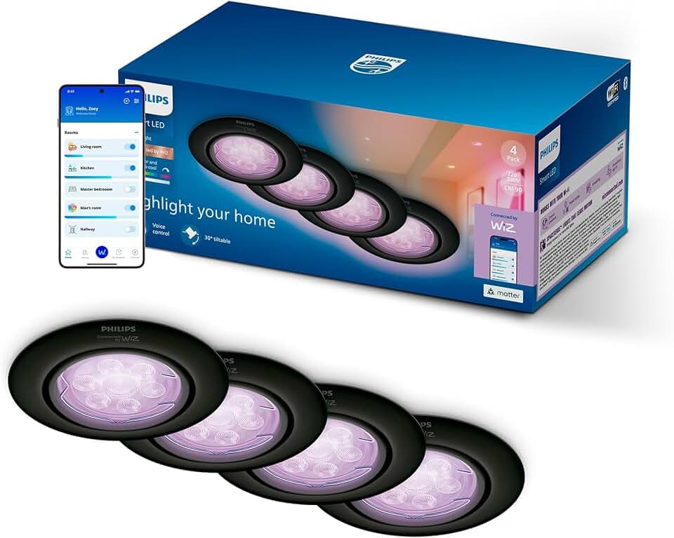Philips Smart Lighting GU10-LED-Einbaustrahler-Set, 4er-Pack, Weiß und Farbe Einstellbar, Komplettlösung, Schwenkbarer Kopf, Dimmbar, App-Steuerung, Sprachsteuerung, Schwarz