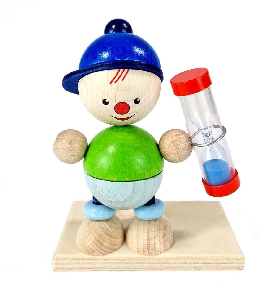 Hess Holzspielzeug 14596 - Zahnputzuhr aus Holz inkl. Sanduhr mit farbigem Sand, Junge Luis, handgefertigt, für Kinder zur Pflege der Zähne