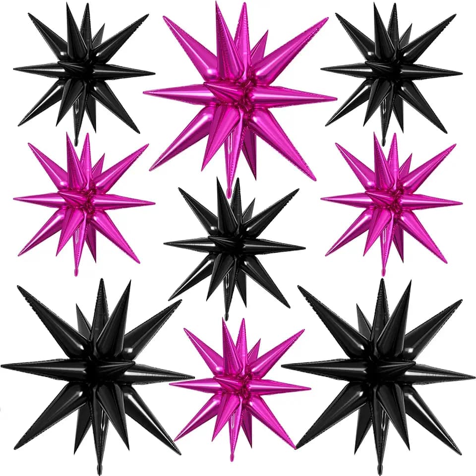 9Pcs Hot Pink and Black Star Balloons, Spike Foil Balloons Party Decor