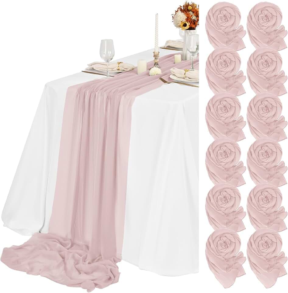 Teruntrue 12 Stück Tischläufer Rosa 55x300 cm Neuer Natürlicher Weichlook Bohemian-Gaze-Käsetuch-Tischläufer für Hochzeit, Party, Babyfeier, Brautshower, Geburtstag-Dekorationen
