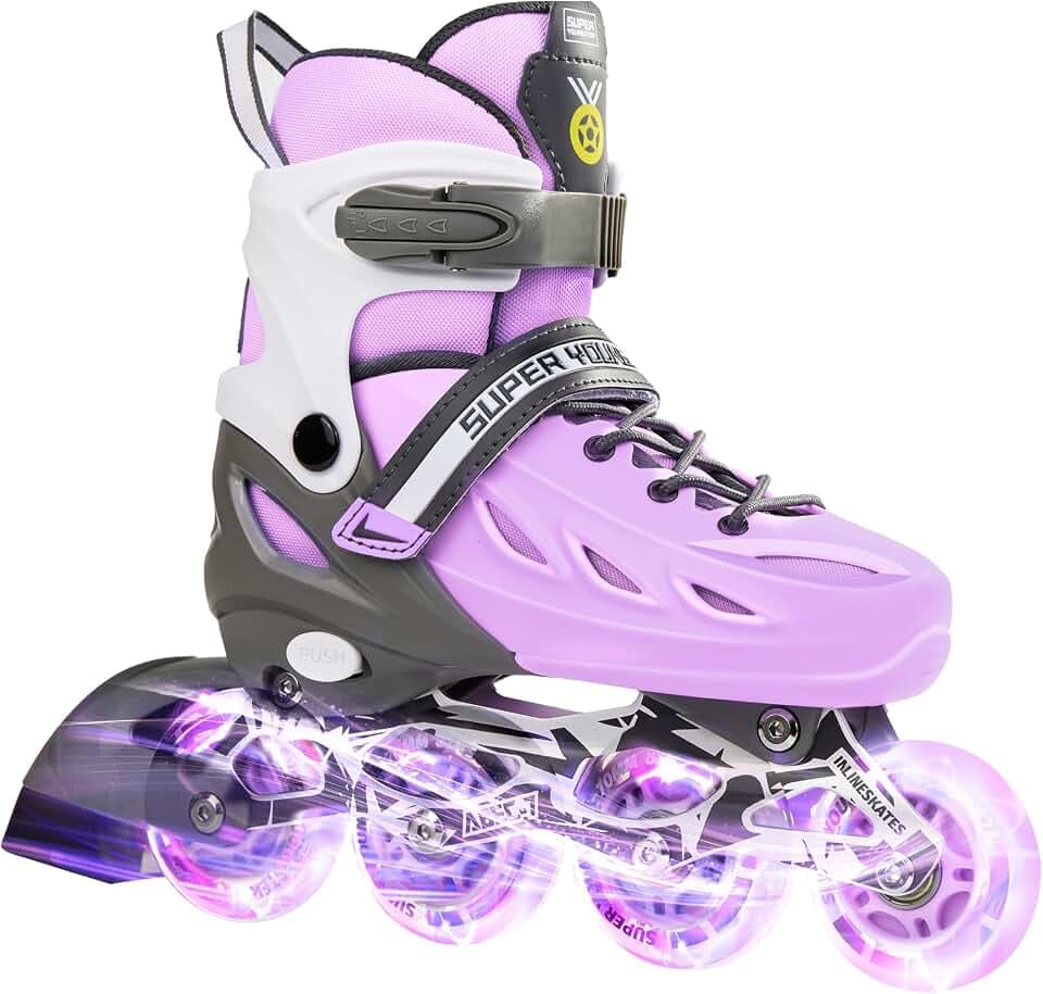 SUPER YOUNGSTER Adjustable Inline Skates for Boys Girls Ages 4-12 with Light Up Wheels, Roller Skates Blades for Youth Kids Indoor & Outdoor Beginners