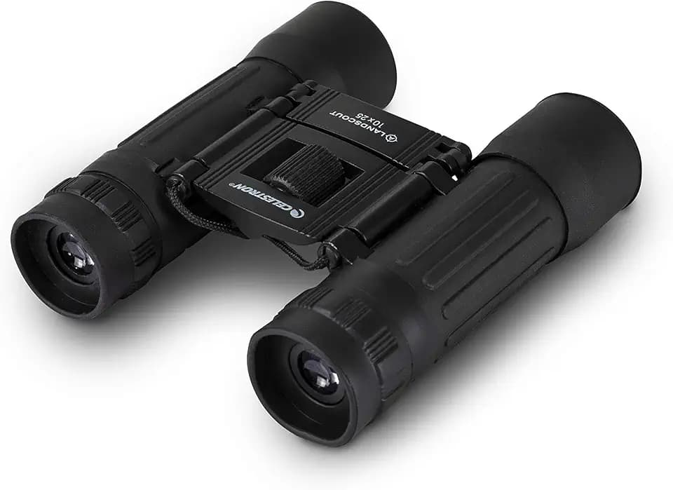 Celestron 72352 LandScout 10x25mm Water-Resistant Roof Prism Binoculars with Rubber Grip Surface, Coated Lens, K9 Optical Glass, Neck Strap and Soft Carry Case, Black