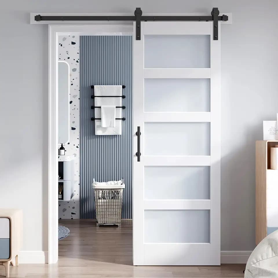 30x84 Inch Glass Sliding Barn Door Slab and 5.5ft Hardware Kit Included, 5 Frosted Glass, LVL Wood Panel Covered with White Water-Proof Scratch-Proof PVC Surface, Simple DIY Assembly