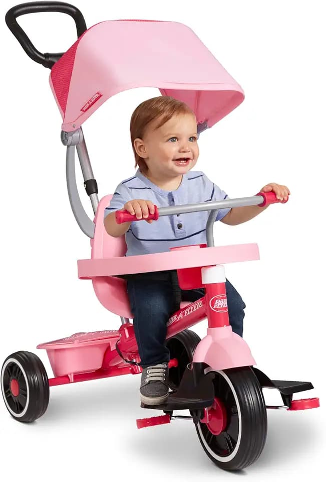 Radio Flyer 4-in-1 Pedal & Push Stroll ’N Trike, Ages 1-5, UV Canopy, Pink