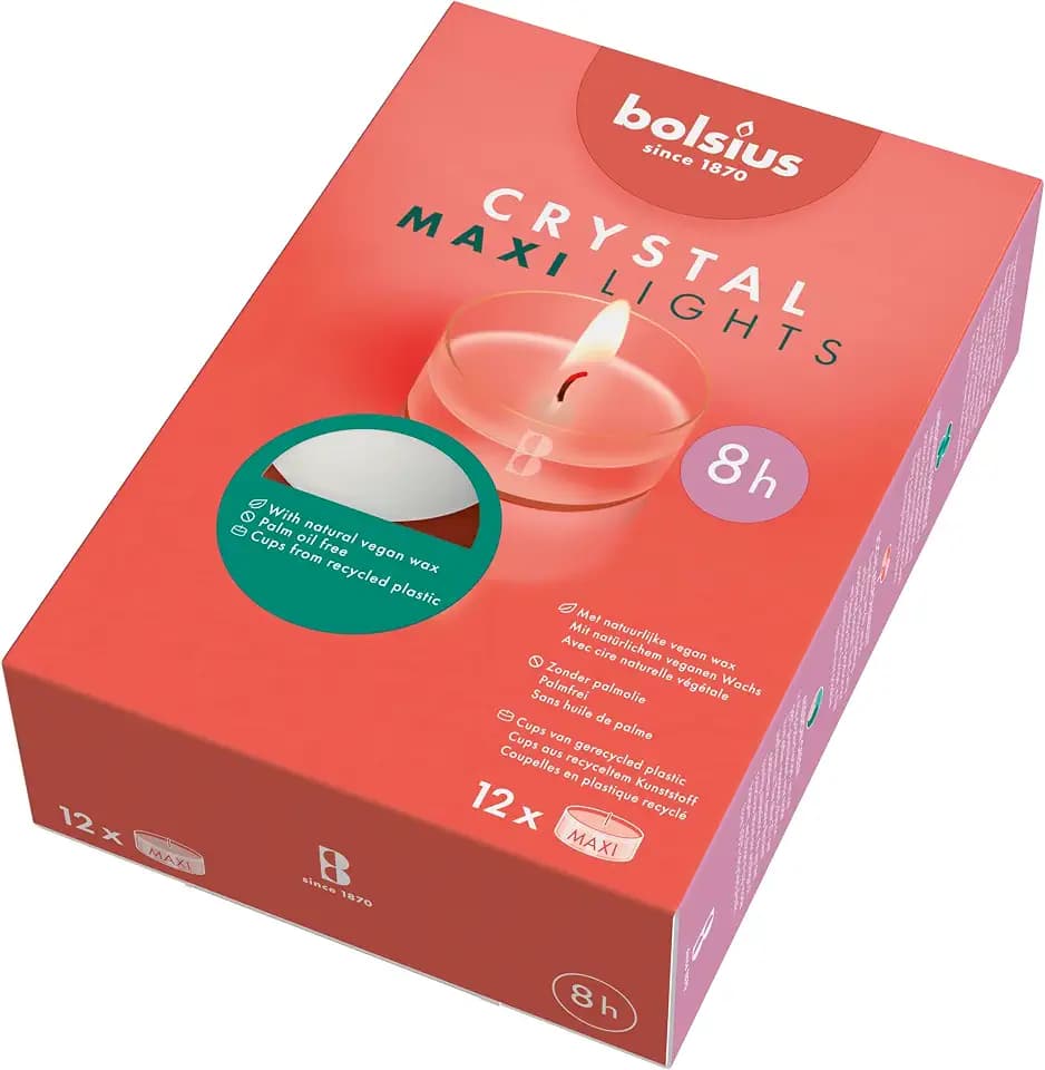 Bolsius Maxi XL Tealight Candles - Clear Cup - White - Box of 12 Transparent Tealights - Long Burning Time of 8 Hours - Interior Decoration - Unscented - Includes Natural Vegan Wax - No Palm Oil