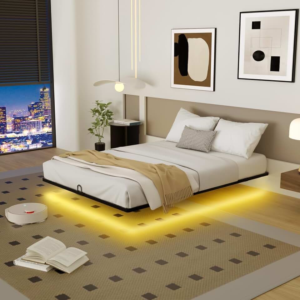 Full Size Floating Bed Frame with Smart LED Lights, Metal Platform Bed