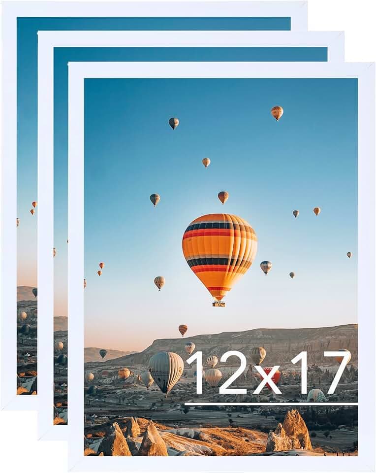 JCJMY 12x17 White Picture Frame Set of 3, Horizontal and Vertical Formats for Wall Hanging, 12 x 17 Wall Gallery Poster Photo Frames with Durable Shatter Resistant Plexiglass, 3 Pack, White