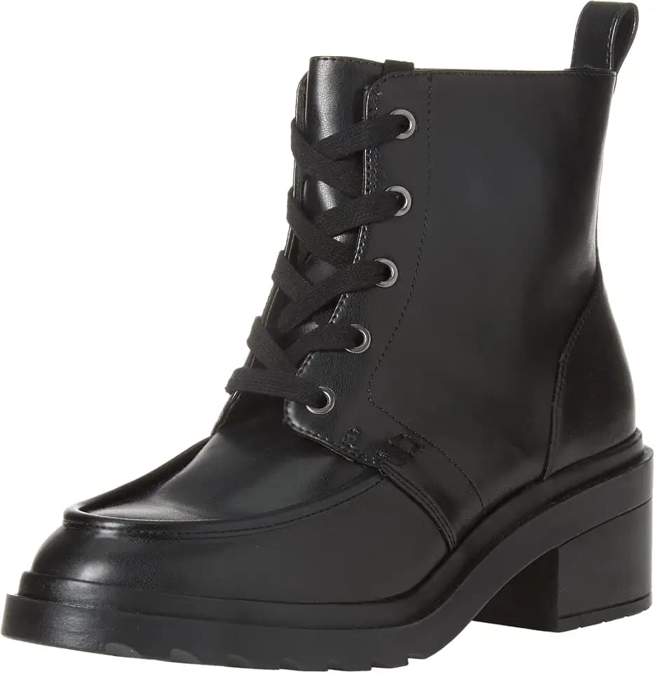 Amazon Essentials Women's Lace Up Moc Toe Combat Boots with Chunky Heel, Black Oxblood