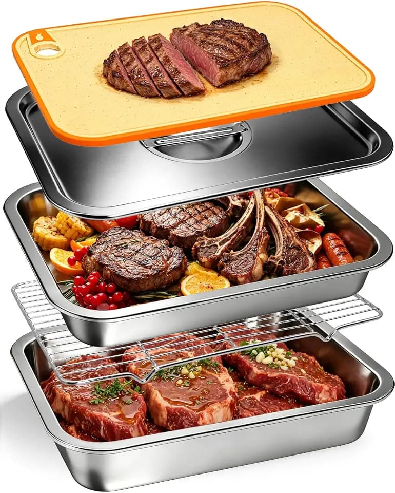 5 in 1 Grill Prep Tray and Carry System, Large Grilling Prep and Serve Trays with Lid and Cutting Board, Deep Meat Marinating Container as BBQ Grilling Gift, Home Series, XL
