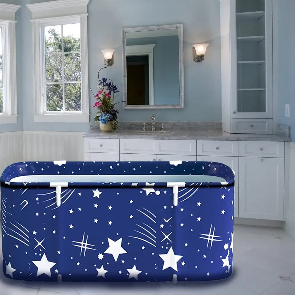 Foldable Bathtub, Large Soaking Bath Tub Portable Bathtub for Adults, Freestanding with Thickened Thermal Foam Bathtub for Home Bathroom Spa (XL Blue Sky)