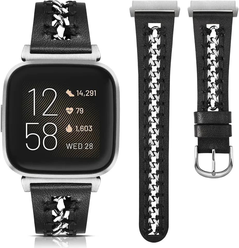 Minyee Leather Band Compatible with Fitbit Versa 2/Fitbit Versa/Versa Lite Bands Women, Dressy Premium Leather Designer Strap with Stainless Steel Metal Chain for Versa 2 Smartwatch Accessories