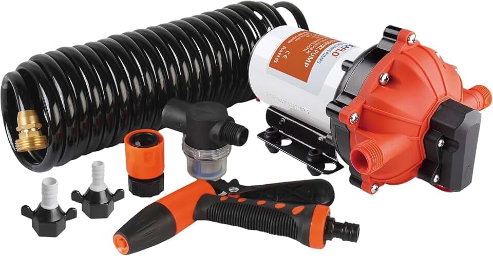 SEAFLO 55-Series Washdown Pump Kit - 12V DC, 5.5 GPM, 70 PSI, Self-Priming, Coiled Hose, Spray Nozzle, High Flow for RV, Boat, Off-Grid, Freshwater, and Saltwater Applications 4-Year Warranty