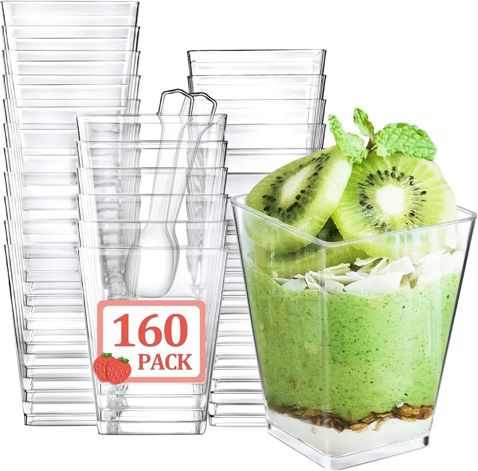 Eupako 160 Pack 5 OZ Plastic Mini Dessert Cups with Spoons - Clear Small Parfait Cups, Square Appetizer Cups for Fruit, Pudding, Mousse, Ice Cream, Party, Wedding, Valentine's Day