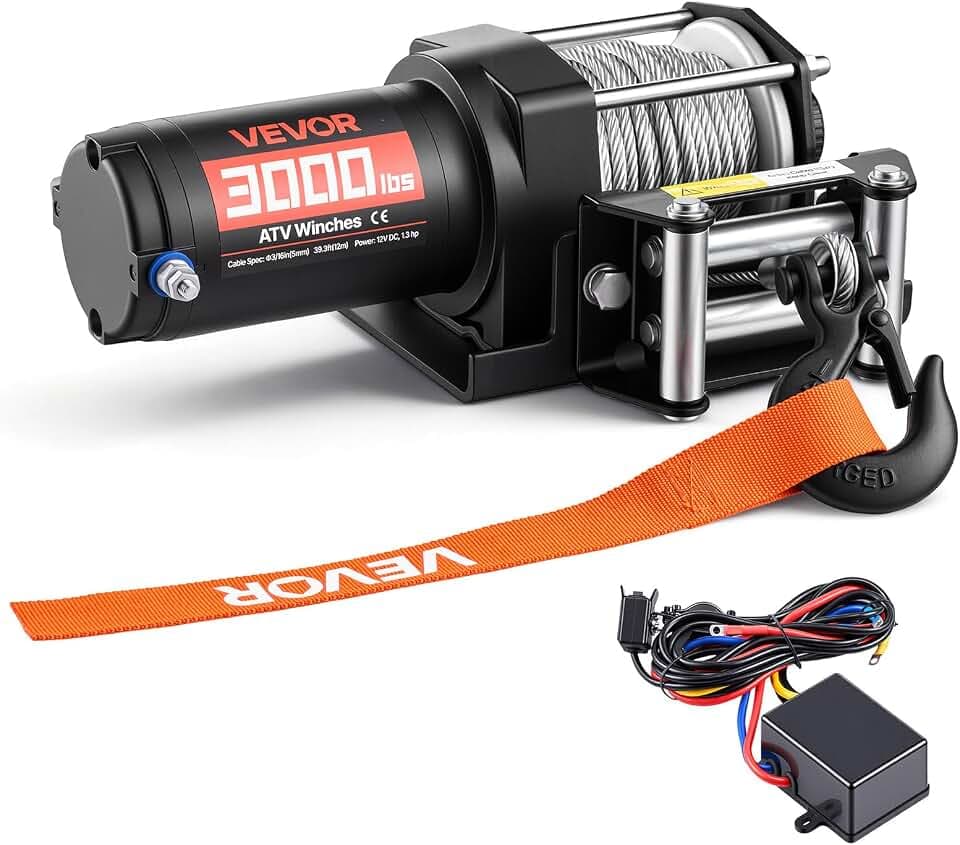 VEVOR Elektrische Seilwinde 1360 kg, 12 V DC Motorwinde mit Φ4,7 mm x 12 m Stahlseil & Kabelgebundener Fernbedienung, IP55, Aluminiumgehäuse, Elektrowinde zum Abschleppen von ATVs, Schwarz