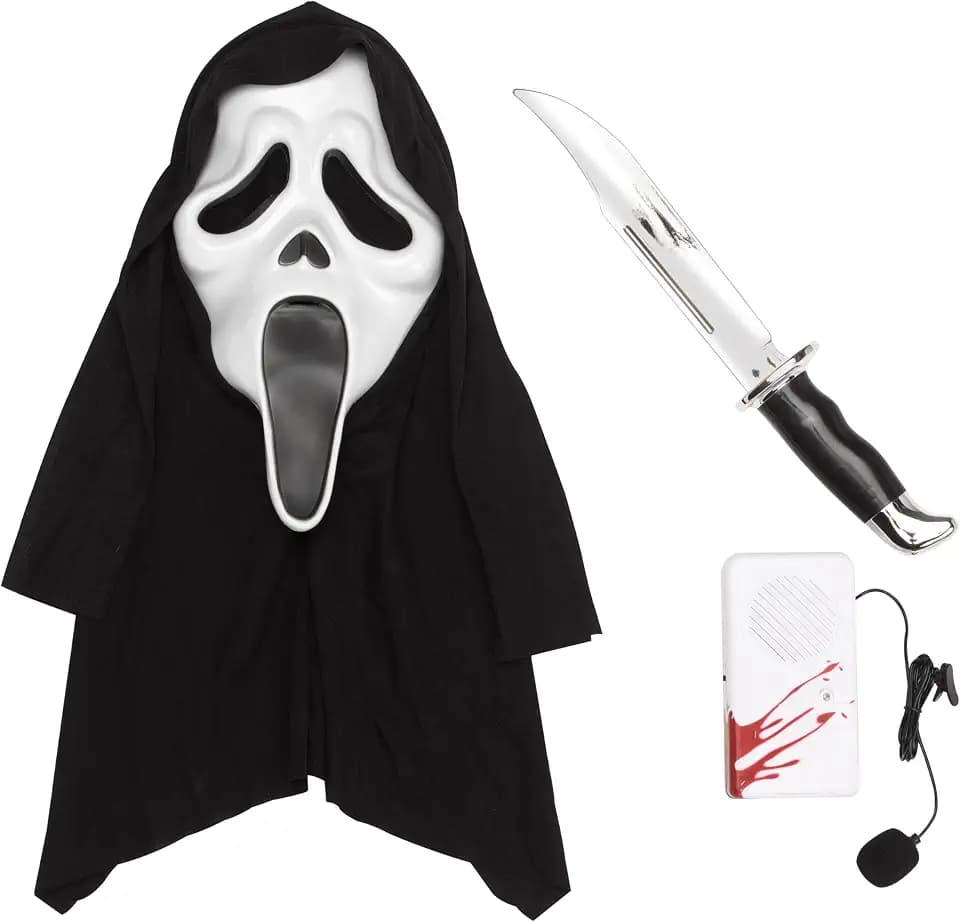 Ghost Face Slayer Kit Mask W/Hood, Gloves, Buck Knife, Voice Changer, Soft PVC 1/2 Mask