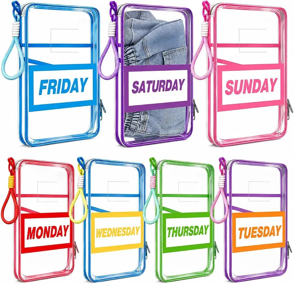 7 Pack Clear Packing Cubes for Travel Days of Week Packing Cubes with Labels Colored Lanyards Luggage Organizer Bags for Travel Summer Camping Essentials