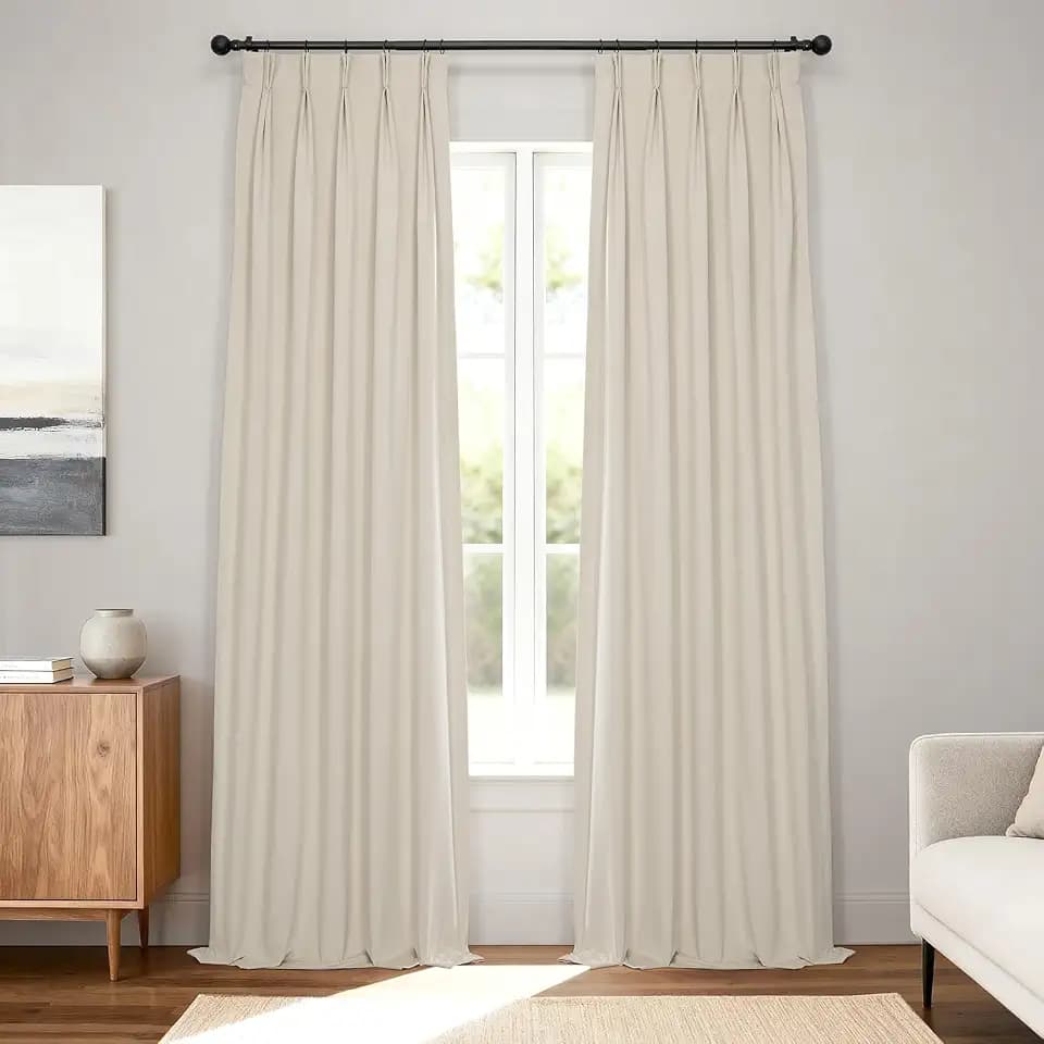 Plush Velvet Pleated Blackout Curtains (1 Panel), 25W x 96L, Ecru