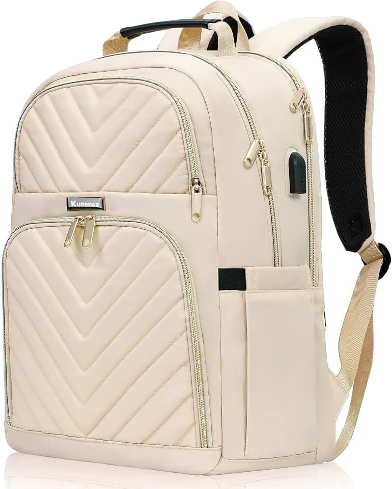 Rucksack Damen, 15.6 Zoll Schulrucksack Mädchen Teenager mit USB Ladeanschluss, Laptop Rucksack Stylischer Daypack Wasserdichte für Schule, Uni, Reisen, Arbeit, 30L,Beige