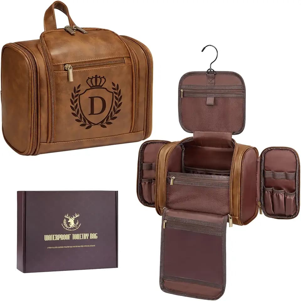 Personalized Travel Gifts for Men Beach Vacation Lake Pool Day Cruise Air Traveling Essentials, Large Mens Leather Toiletries Bag Waterproof Dopp Kit Shaving Case, Mustard Initial Letter D