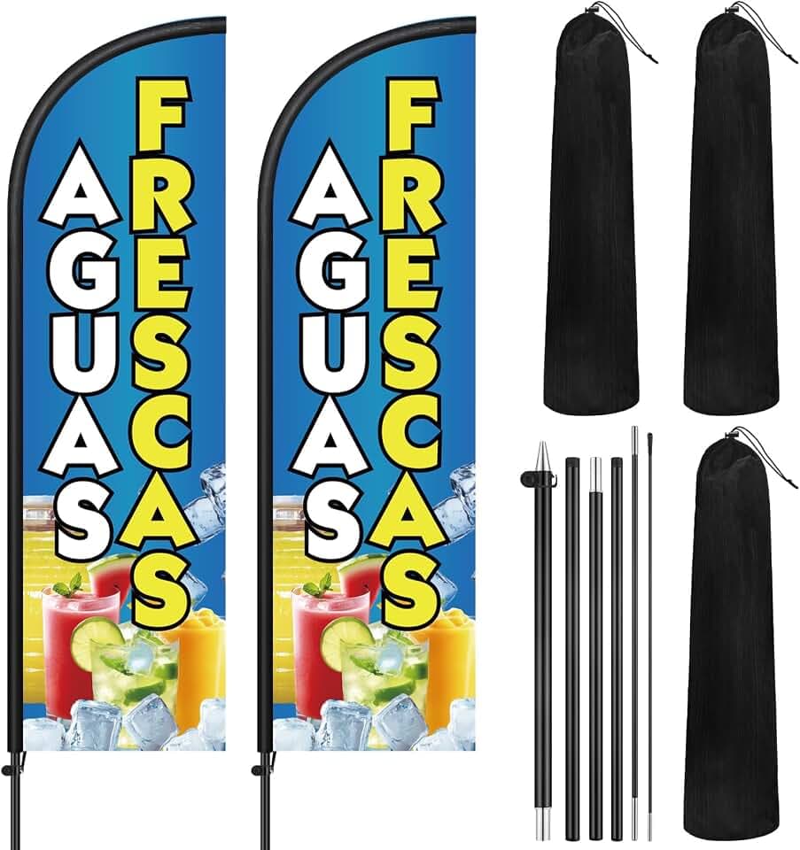 Remagr 2 Pack Aguas Frescas Feather Flag 7 ft Advertising Swooper Flag Sign Windless Aguas Frescas Banner with Pole Kit and Ground Stake for Businesses Restaurants Outside Ground