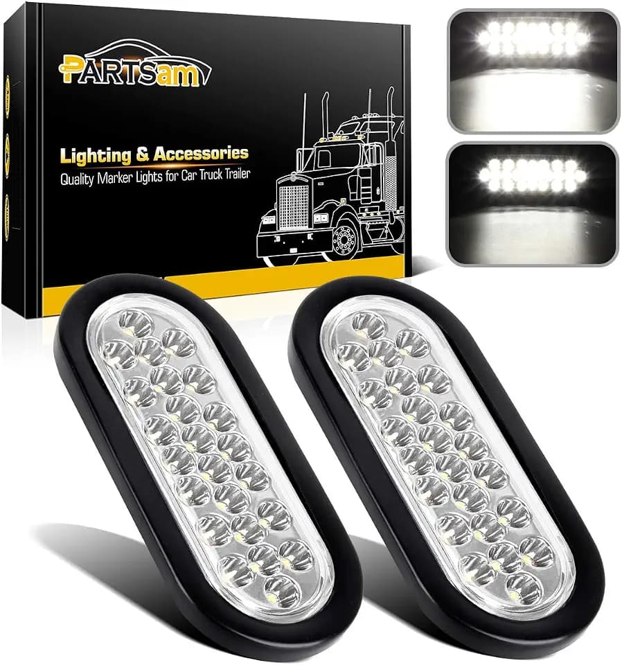 Partsam 2x Oval Clear Lens White Stop Turn Tail Backup Reverse Fog Lights Lamps Rubber Flush Mount 6" 24 LED for Truck Trailer Boat RV Waterproof