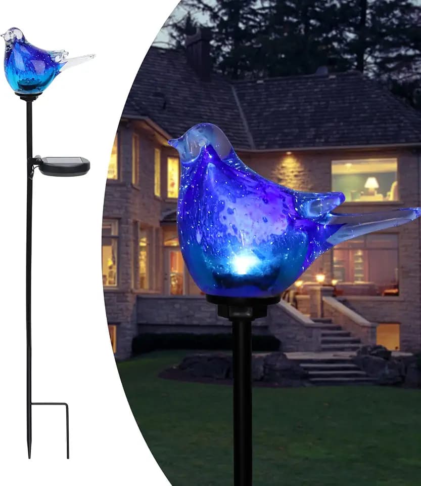 Afirst Outdoor Solar Garden Lights, Hand Blown Glass Blue Bird Yard Stake