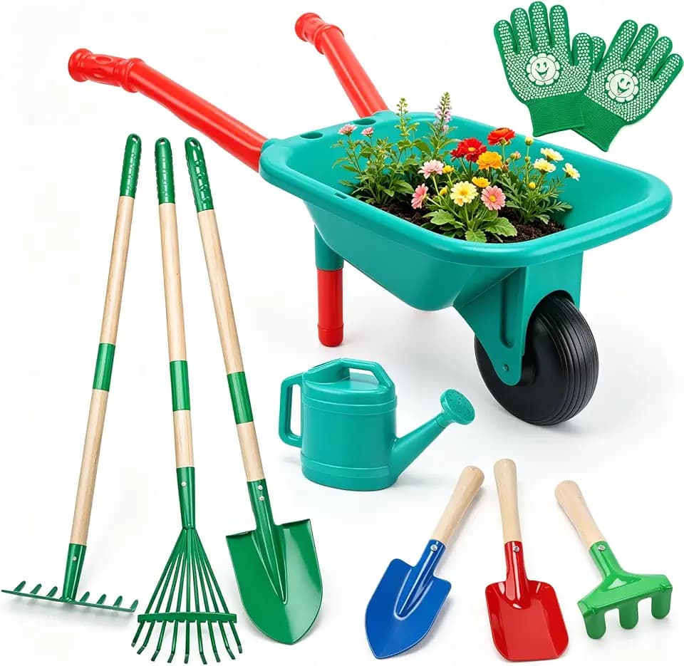 CUTE STONE Kids Gardening Set with Wheelbarrow, Kids Shovel and Rake Set